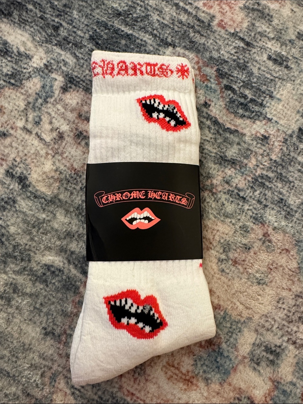 Chrome Hearts White Crew Socks with Pink & Black Lip Motif